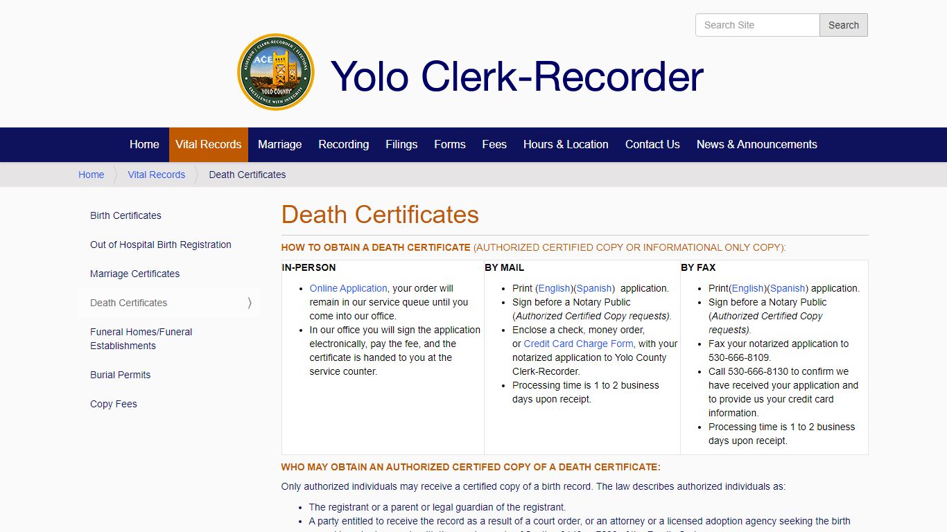 Death Records — Yolo County California Clerk-Recorder